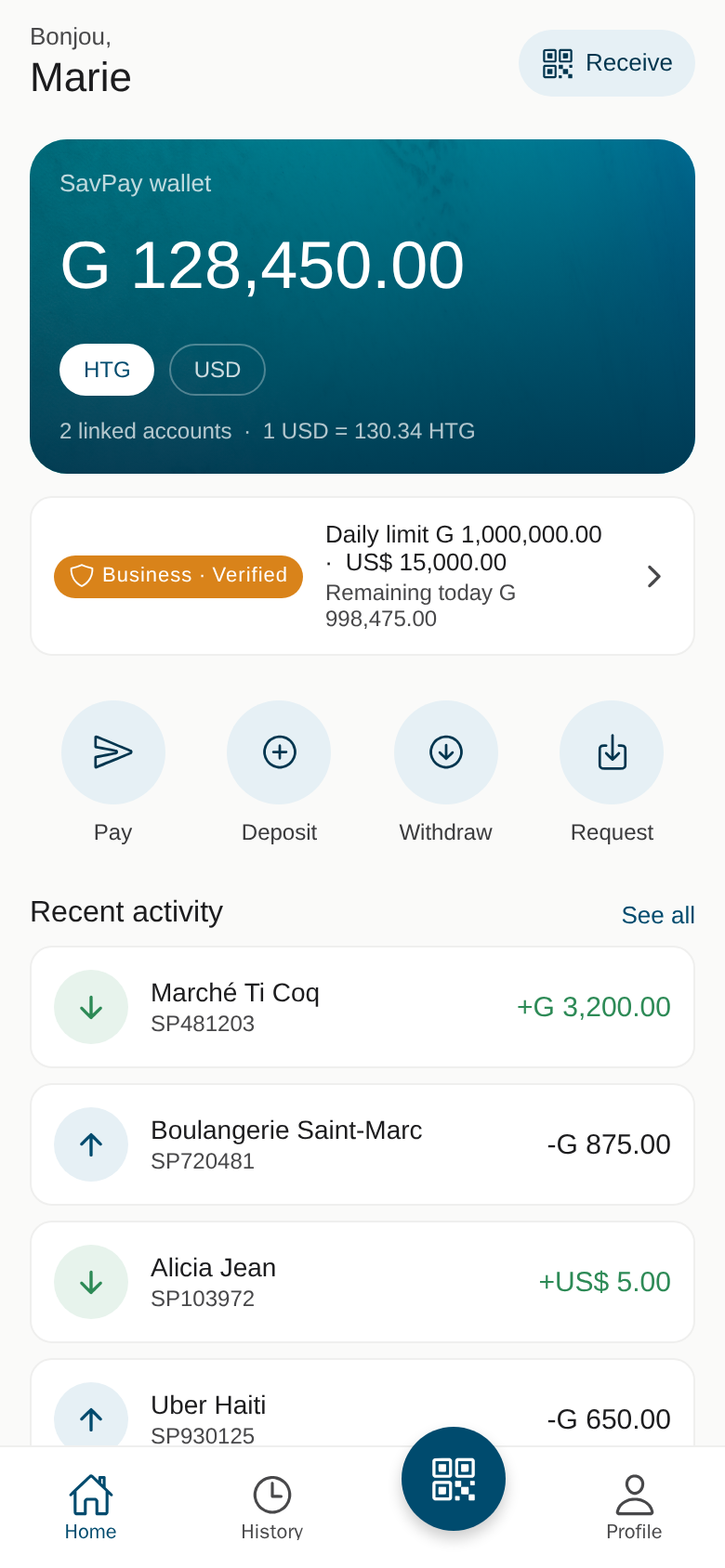 AyitiPay wallet home screen