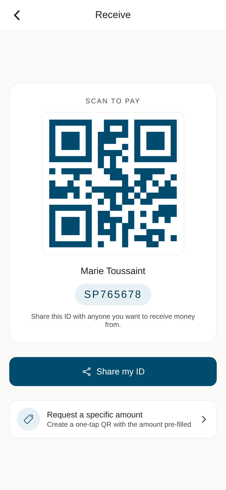 Receive money screen